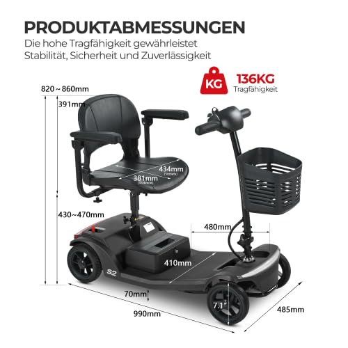 Scooter de movilidad de 4 ruedas y 6 km/h, scooter eléctrico para personas mayores, capacidad de carga de 136 kg, autonomía de 15 km, batería extraíble, luz LED, USB, negro