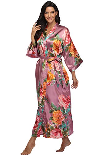 Image of Women Silk Kimono Robe Long Floral Bridesmaids Robes Satin | Wedding Party Bridal Getting Ready Robe Lightweight Dressing Gown Loungewear Sleepwear