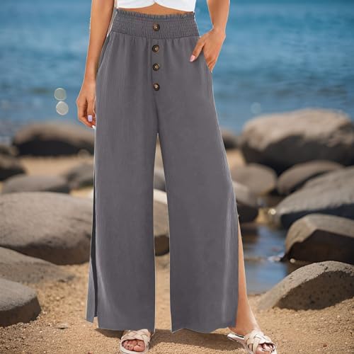 Palazzo Pants for Women Cotton Linen High Waist Wide Leg Pant Button Side Slit Trousers Casual Pants with Pockets 20253