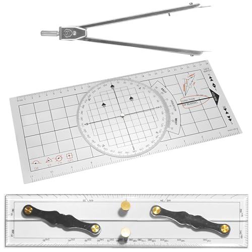 3 Pcs Marine Navigation Kit, Nautical Chart Plotting Tool Set with Single Hand Divider, Navigation Ruler and Protractor, Drafting Supplies for Boating, Sailing, Seafaring