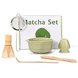 Ouxayapl Matcha Set, Matcha Besen, Matcha Schale mit Ausgießer, Filtersieb, Besenhalter aus Keramik und Löffel, 6er-Set Matcha Tee Set für Tee-Liebhaber&Einsteiger (Grün)