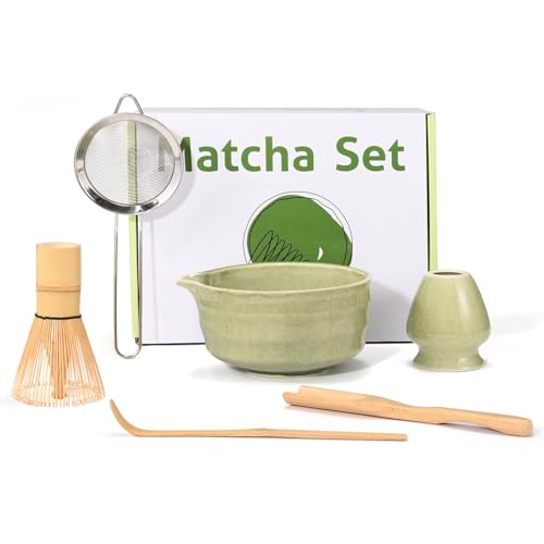 Ouxayapl Zestaw matcha, miotła matcha, miska do matchy z dzióbkiem, sitko filtrujące, uchwyt na miotłę z ceramiki i łyżeczka, zestaw 6 sztuk do herbaty matcha dla miłośników herbaty i początkujących