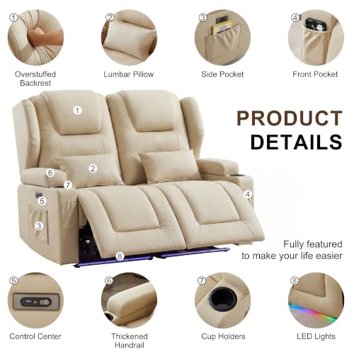 Image of DRMBOOK RV Power Loveseat Recliner Sofa, Leathaire Fabric Wall Hugger Reclining Sofa, Home Theater Seating Chair with Cup Holder, 2 Person Couch for Living Room, Beige