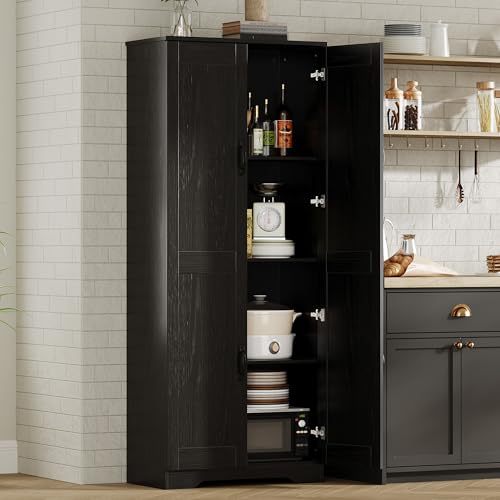 IDEALHOUSE Tall Pantry Cabinet, 60' Kitchen Pantry Storage Cabinet with 2 Doors and Adjustable Shelves, Freestanding Kitchen Cabinet, Cupboard for Dining Room, Bathroom, Black