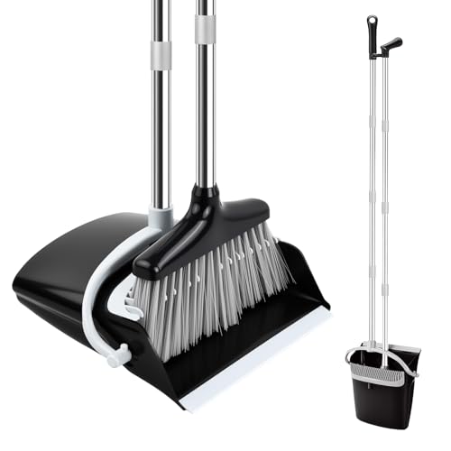 Samlonge Juego de Escoba y Recogedor de Mango Largo, 137 cm Escoba Alta y Recogedor Plegable Barredora y Recogedora de Polvo Combinados para Hogar Cocina Casa Oficina (Negro Blanco)