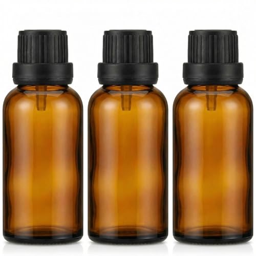 3PCS Empty Portable Amber Glass Vial Essential Oil Bottles with Orifice Reducer and Black Cap for Cosmetic Essential Oils Chemistry Lab Chemicals Colognes Perfume Aromatherapy (30ml)