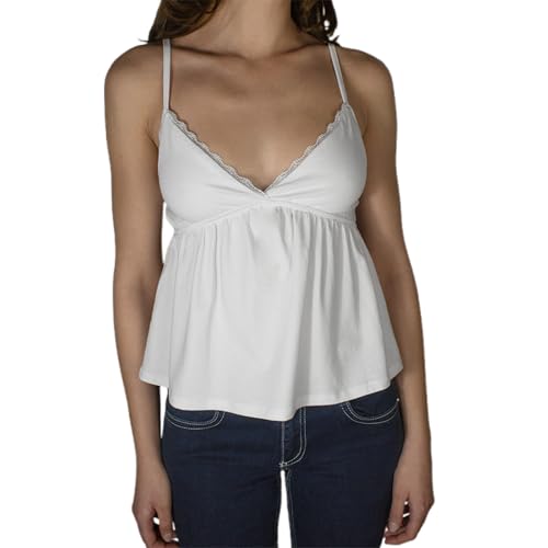 Women Lace Trim Babydoll Tops V Neck Spaghetti Strap Flowy