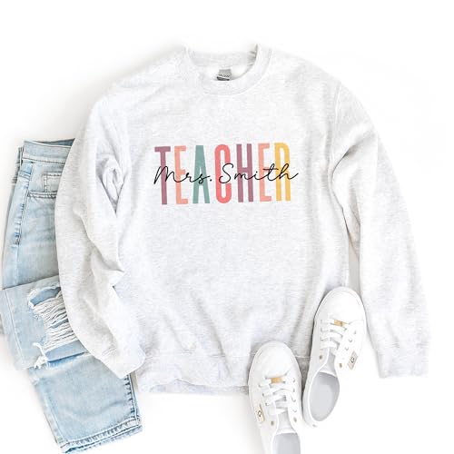 Custom Colorful Teacher Sweatshirt, Personalized Gift For Teachers, Mrs. Teacher Last Name Pullover Sweater, Teacher Appreciation Gifts, Unisex Crewneck Sweatshirt Sand2