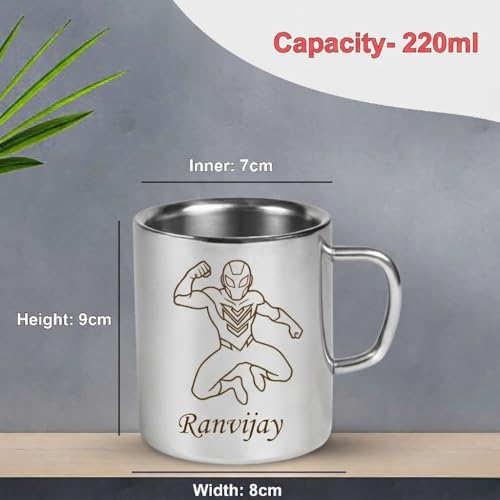 Image of SAVRI Personalized Stainless Steel Mug for Kids with Customized Name Engraved & Cartoon Design | 220 ml Double Wall Insulated Mug for School, Milk, Juice & Water (Spiderman)