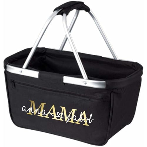 AWASG Einkaufskorb Mama Mom - Personalisiert mit Name - Einkaufstasche faltbar Tragekorb mit Aufdruck - 45 x 25 x 25 cm (schwarz)