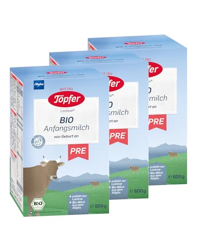 Töpfer Bio Anfangsmilch Pre - 3 x 600g Milchpulver - Babynahrung zum Zufüttern - Mit Bio-Milch aus dem Allgäu