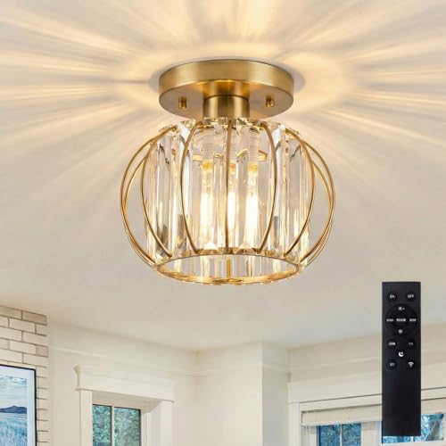 SURPALIG Modern Gold Oval Crystal Semi Flush Mount Ceiling Light Dimmable Mini Chandelier with Remote Control E26 LED Bulb Included Small Lamp for Hallway Kitchen Bedroom Dining Room Bar