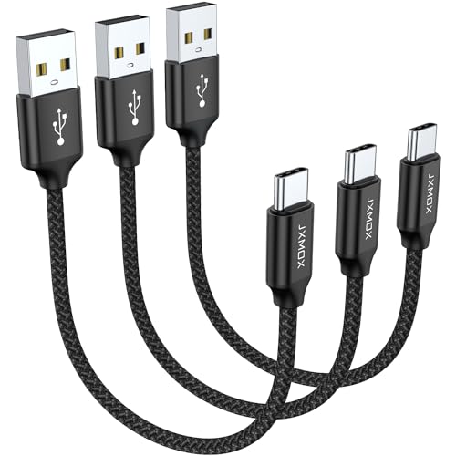 JXMOX Short USB C Cable (0.5ft 3-Pack), USB A to Type-C Charger Cord 3.1A Fast Charging Compatible with iPhone 15 16 Pro Max, Samsung Galaxy S20 S10 S9, Note 10 9, A80 A70 A50 A40, Power Bank (Black)
