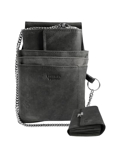LEONARDO VERRELLI Kellner Geldbörse aus Leder Kellnerbörse Geldbeutel Taxi Damen Herren Portemonnaie mit oder ohne Holster Steck-Tasche mit Kette und großem Münzfach in schwarz (Schwarz)