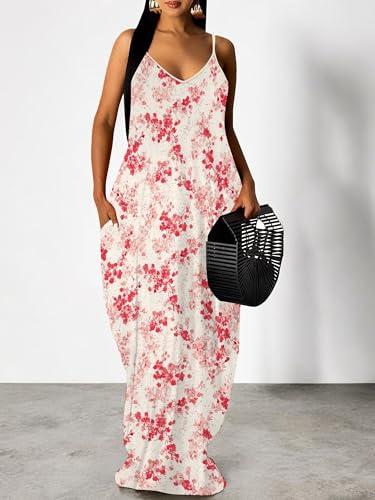 Image of Women Spaghetti Strap Maxi Dress with Pockets | Soft fabric relaxed fit sleeveless v neck with pockets for party and daily wear