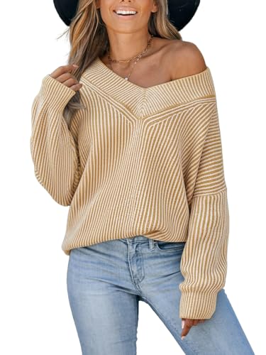 Image of CUPSHE Womens Sweaters Oversized Sweater Loose Fit Long Sleeve Sweater V Neck Striped Pullover Sweater Tops