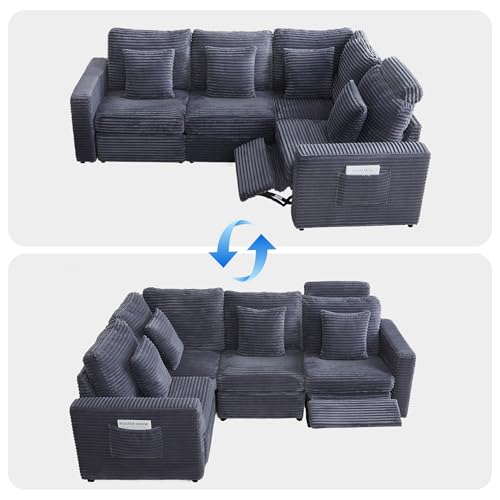 Image of RARZOE Modular Sectional Sofa with Power Recliner, 4-Seater L-Shaped Corduroy Reclining Couch Sectional with Headrest, Flexible Combination Fluffy Comfy Cloud Comfy Couches for Living Room,Grey