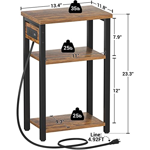 Aheaplus End Table Set Of 2 With Charging Station, 3 Tier Slim Side Table With Storage Shelf, Narrow Bedside Nightstand With Usb Ports & Outlets, Sofa Side Table For Bedroom, Living Room, Rustic Brown #TOP2