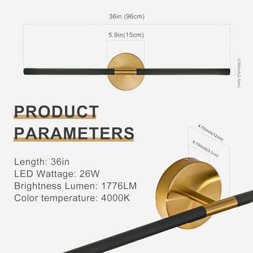 Image of Modern Bathroom Light Fixtures Over Mirror 36 Inch, 26W 360 Rotatable Dimmable 4000K Led Vanity Light Bar, Black and Gold Bathroom Vanity Lights Above Mirror
