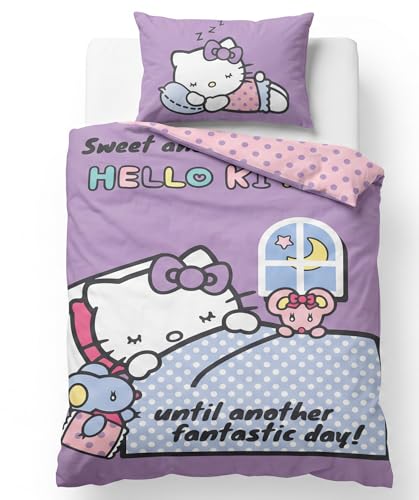 BrandMac Hello Kitty Kinder Bettwäsche Set | Bettbezug 140x200 cm + Kissenbezug 50x70 cm 100% Baumwolle | Offizielle Sanrio Weiche und Atmungsaktive Kinderbettwäsche Hello Kitty - Lila