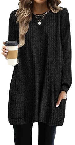 OFEEFAN Women Long Sleeve Sweaters Winter Tunic Tops to Wear with Leggings Black XL