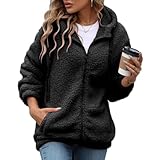 Vipwest Womens Plus Size Jackets Fall Over Sized Furry Fleece Jacket Longsleeve Comfy Shearling Coat with Pockets (Black, 3X-Large)