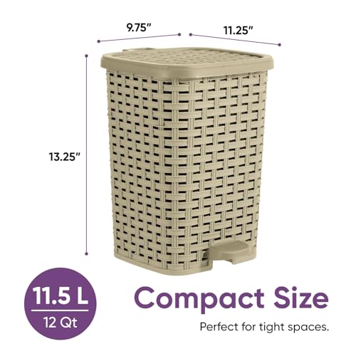 Image of Superio Mini Trash Can with Foot Pedal Small Outdoor Garbage Can with Lid, 3 Gallon Plastic Waste Basket for Bathroom, Bedroom, Kitchen, Office, Patio (Wicker Beige 12 QT.)