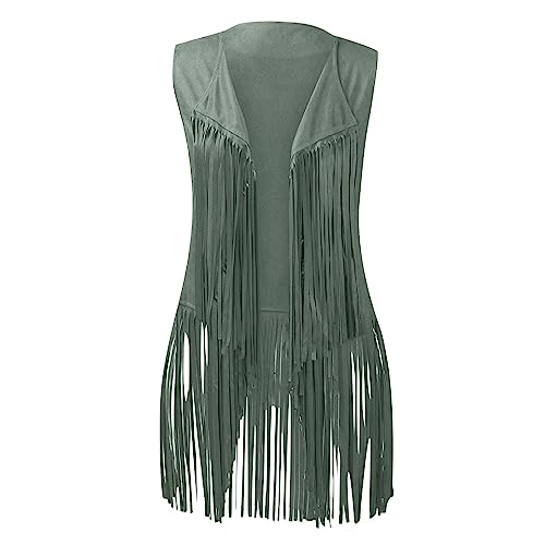 Womens Western Cowgirl Vest 70s Hippie Faux Suede Sleeveless Jacket Cardigan Open Front Boho Fringe Waistcoat3