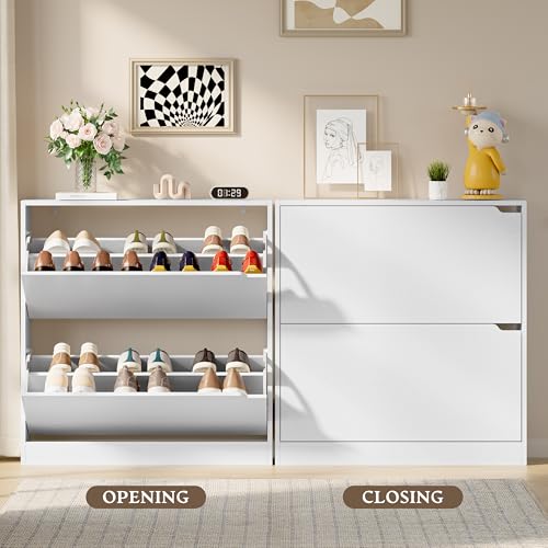 Image of BORNOON Shoe Cabinet with 2 Flip Drawers, Slim Narrow Shoe Storage Cabinet, Freestanding Shoe Organizer with Adjustable & Removable Shelves, Top Display Shelf for Entryway, Hallway, Foyer, Closet