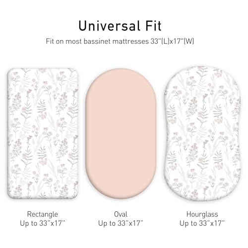 Image of Gllquen Baby Organic Cotton Bassinet Sheets (33 inchx17 inch) 2-Pack Pink Floral | 100% Cotton Bassinet Mattress Sheets, Compatible with Halo, Graco, Baby Delight. Soft, universal fitted for girls boys unisex