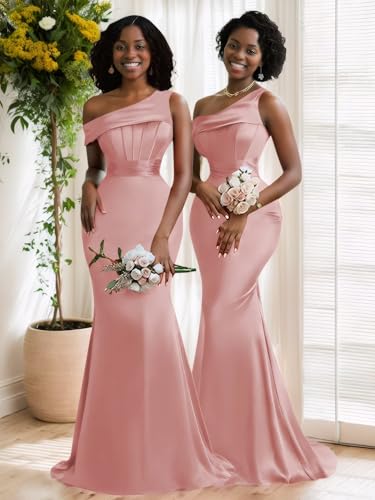 BONOYUER Satin One Shoulder Bridesmaid Dresses for Women Mermaid Corset Prom Dress Long Formal Evening Gown2