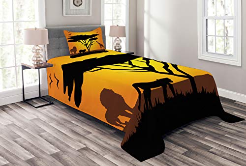 ABAKUHAUS Giraffe Tagesdecke Set, Afrikanische Wüsten-Löwe-Tiger, Set mit Kissenbezügen Waschbar, für Einzelbetten 170 x 220 cm, Marigold Schokolade