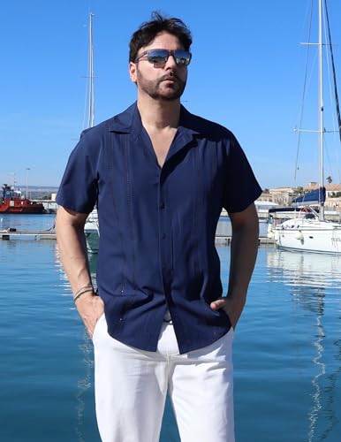 Image of COOFANDY Mens Cuban Guayabera Shirt Short Sleeve Button Down Shirts Summer Beach Vacation Shirts