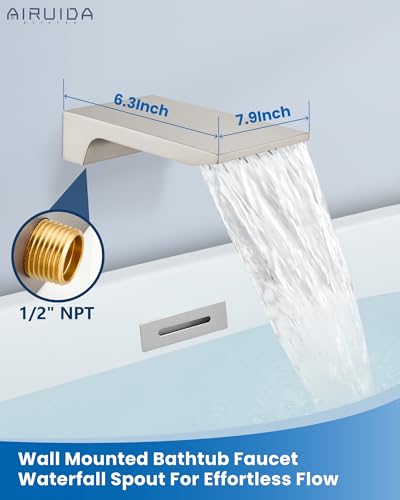 Grifo para bañera Airuida con caño de cascada y ducha manual - Níquel cepillado, monomando, válvula de instalación incluida, montaje en pared miniatura 3