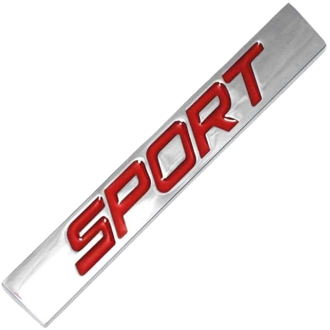 Emblema Adhesivo metálico Sport, Insignias Sport, Emblema Sport, Adhesivo para carrocería Sport, Distintivo Sport para Coche, Pegatina Sport, 7.8 cm x 1.2 cm, Metal, Plateado y Rojo