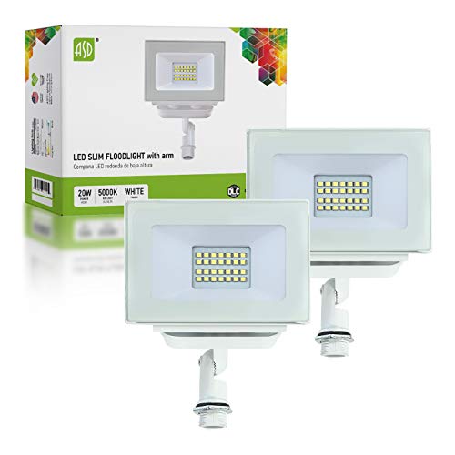 ASD 20W LED Flood Light with Arm - 5000K Daylight 1874 Lm - 45W MH Equivalent - IP65 Waterproof - 120V Commercial Super Bright LED Floodlight Outdoor Garage - White Finish - UL & DLC Standard, 2-Pack