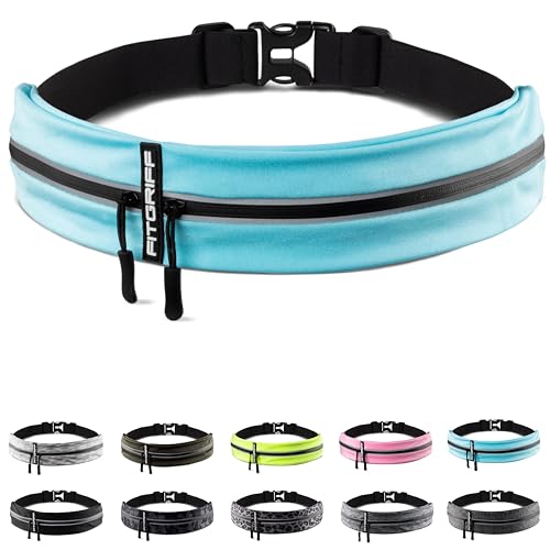Image of Fitgriff Running Belt for Men & Women - Secure Jogging Pouch for Phone, Keys & Essentials - For All Cell Phones, Cyan, Small-Medium, Slim Fit