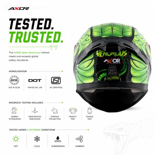 Image of Axor Apex Venomous ISI ECE DOT Certified Full Face Dual Visor Helmet for Men and Women with Pinlock Fitted Outer Clear Visor and Inner Smoke Sun Visor Black Neon Green(XL)