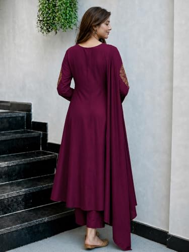 Image of ANNI Designer Kurta Set for Women Viscose Embroidered | A-Line Kurta Pant Dupatta Set for Woman | Long Sleeve V-Neck Stylish Ethnic 3 Piece Outfit Trendy Women Clothing