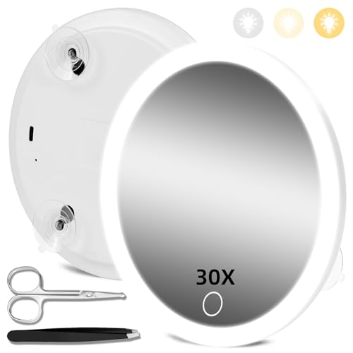JJhxr 30X Magnifying Mirror with Lights, 30x Magnified Mirror with 3 Color Lights Adjustable Brightness, Rechargeable 6inch Travel Magnification with 3 Suction Cups - Includes Tweezers & Scissors