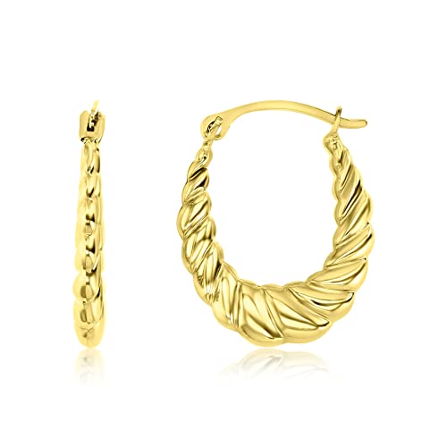 14K Yellow Gold 2x18mm Small Bamboo or Shrimp Design Lightweight Oval Hoop Earrings