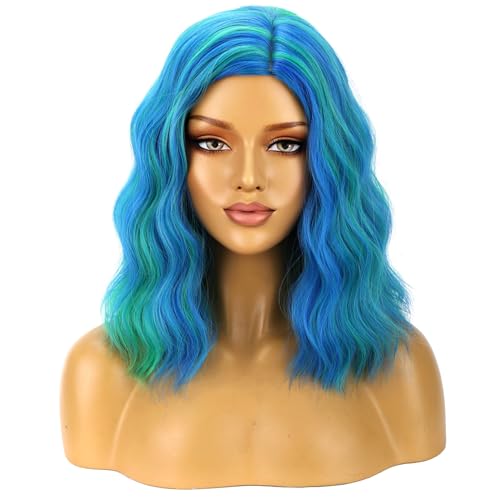 Image of BERON Green and Blue Wigs for Women Girls Short Curly Wavy Hair Wig Colored 14 inch Body Wave Halloween Cosplay Daily Party Wigs