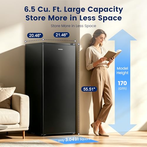 Image of BANGSON 6.5 Cu.ft Upright Freezer, Stand up Freezer with Adjustable Thermostat, Removable Leg, Reversible Single Door, for Bedroom /Home /Dorms /Apartment, Black