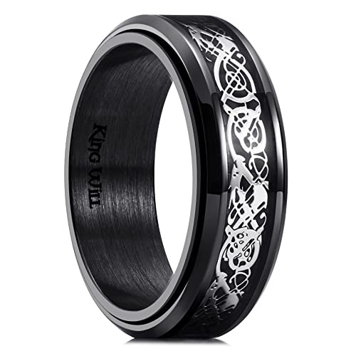 Image of King Will 316L Stainless Steel Spinner Ring for Men Women- 8mm Width Fidget Ring with Dragon /Celtic Knot Pattern, Stress Anxiety Relief Comfort Fit Wedding Band