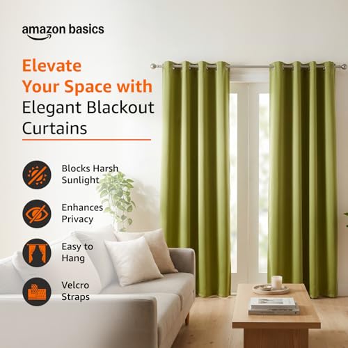 Image of Amazon Basics - Room Darkening Blackout Door Curtains, 100% Room Darkening | 9 Feet |Set of 2| Plain Design | for Living Room and Bedroom | 115cmx 274cm, Color- Green
