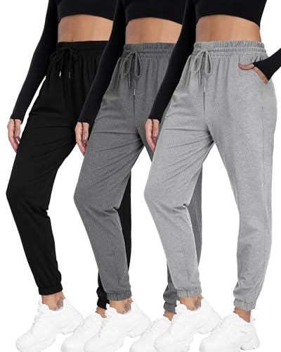 Mgput 3 Pack Womens Joggers with Pockets Lightweight Drawstring Sweatpants for Women 801-S-B/MGRY/LGRY