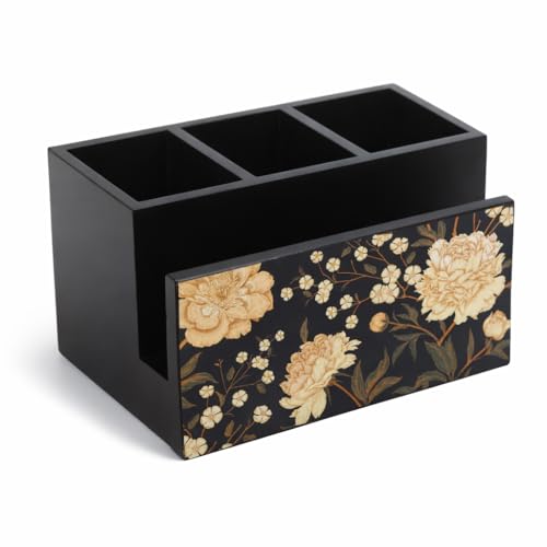 Image of Reinvention Factory Black Flower Wooden Cutlery Holder for Dining Table | Spoon Stand with Tissue Holder | MDF Cutlery Organizer for Spoon Fork Knife Napkin | 7 x 4.5 x 4 Inch