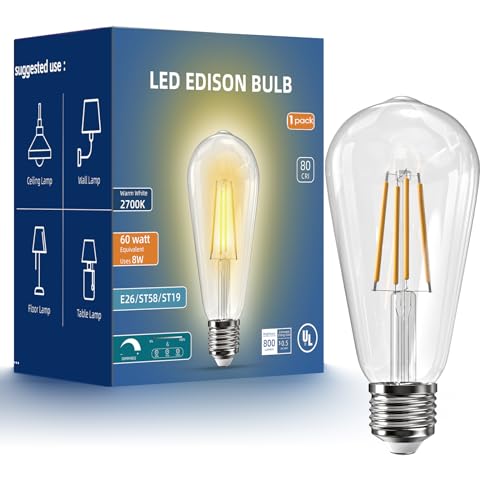 Image of Jensense Edison Bulbs E26 LED Bulb 60 Watt Equivalent, Vintage LED Light Bulbs CRI90+ ST19, Dimmable Clear Light Bulbs (2700k Warm White, 8watt-1 Pack)