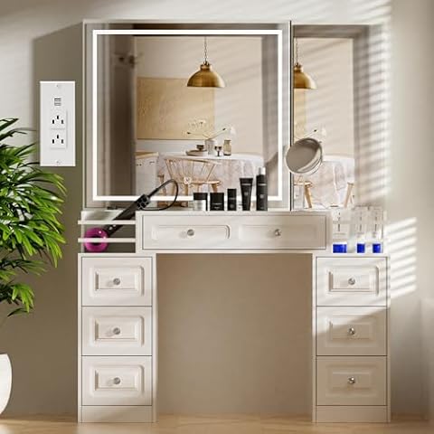 Wildhome Vanity Desk with Mirror and Lights, Makeup Vanity with Charging Station & 7 Drawers, White Vanity with 2 Fences, Dressing Table with Hidden Cabinet, for Women Girls, Brightness Adjustable Cover