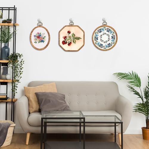 Oqqlin 9 Pcs Embroidery Hoop Frame, 4 Shapes Large Imitated Wood Cross Stitch Hoop Ring with Scissors Display Decorative Embroidery Hoops for DIY Arts, Crafts, Sewing, Hanging Ornaments Decor - Thumbnail 7